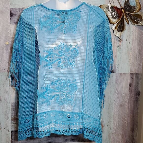 Catherines Sz 2X/3X Turquoise Slipover Open Weave Lace Caftan Blouse Fringe 524 - Picture 8 of 9